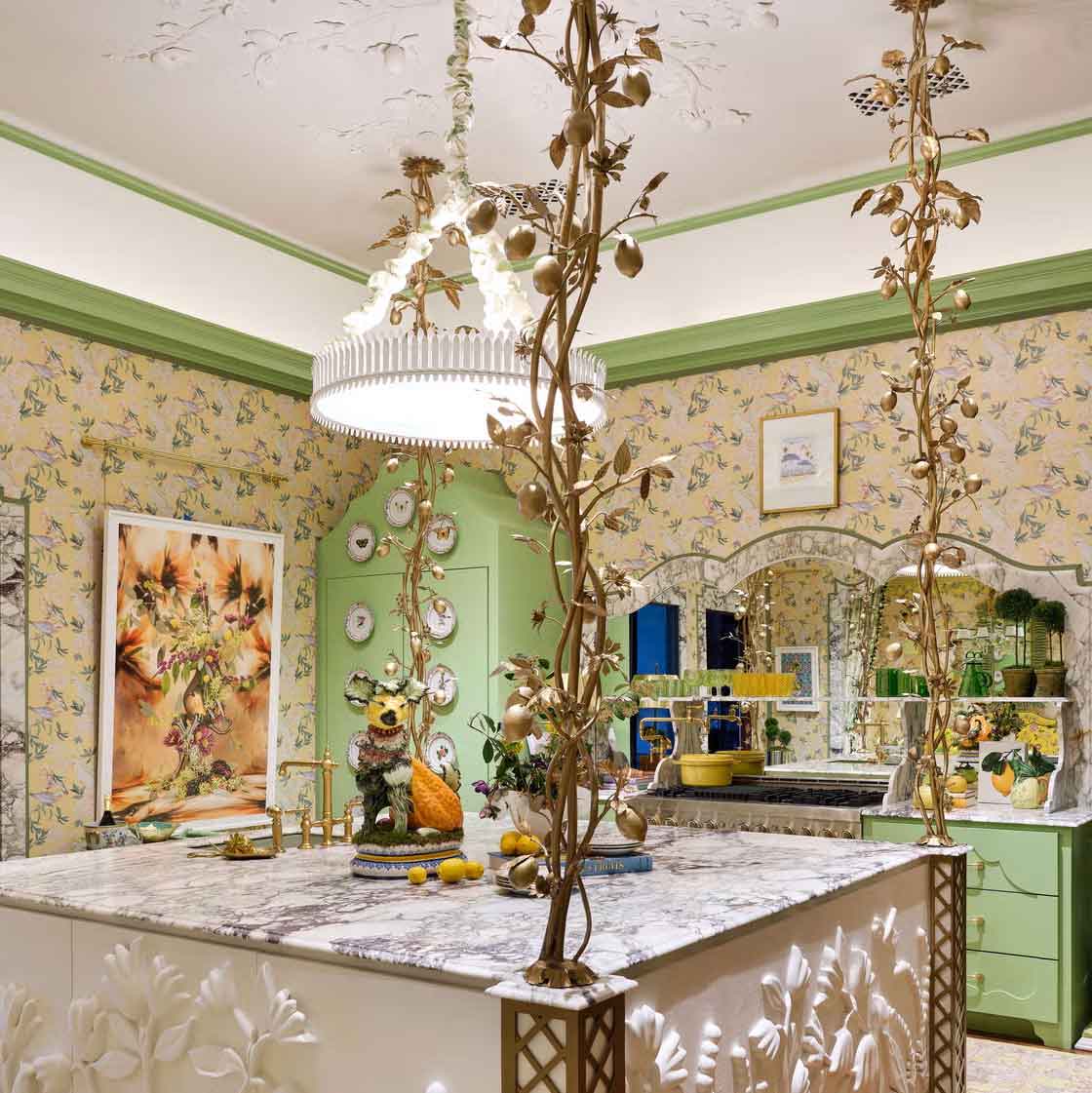 Sculptural plaster kitchen island with floral bas-relief panels for Kips Bay Dallas show house — Creative Tonic design