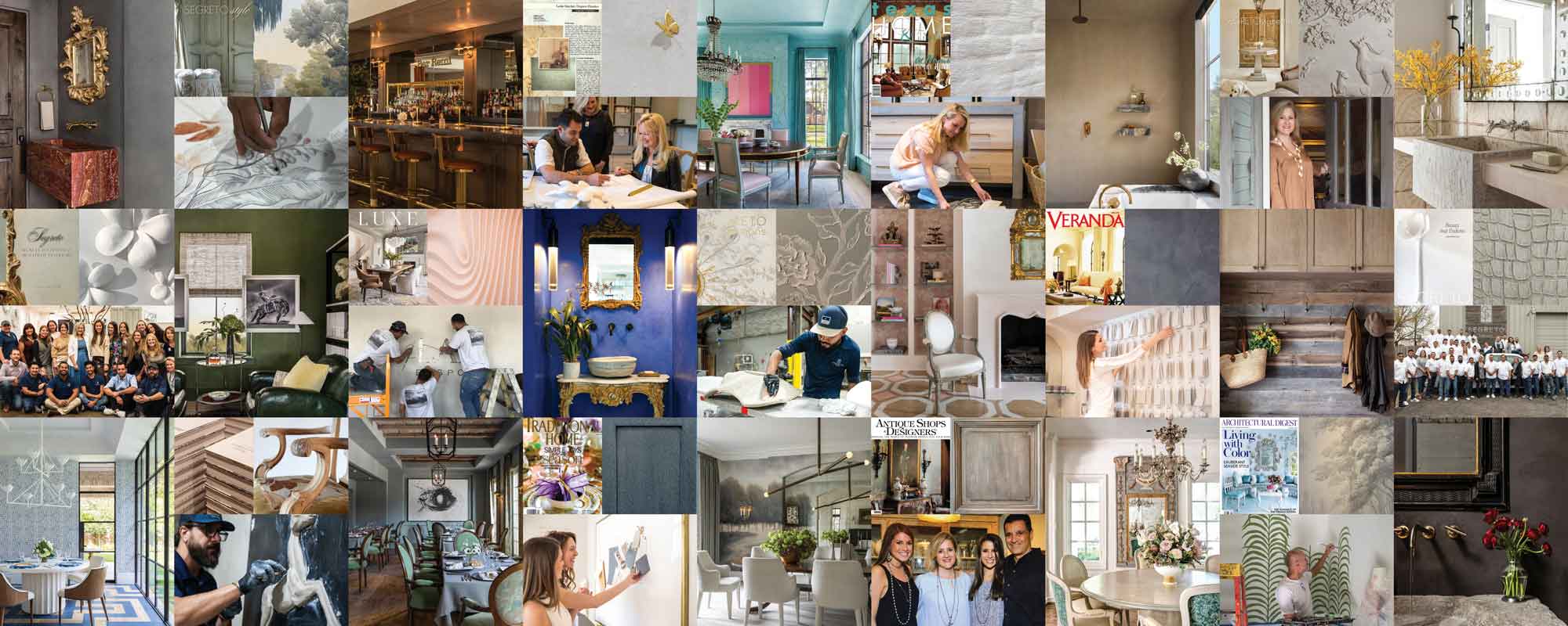 Collage celebrating 30 years of Segreto Finishes — plaster, sculptural work, SegretoStone furniture, and showroom milestones