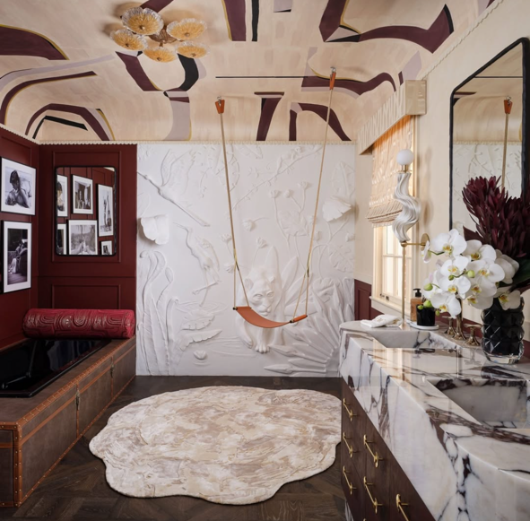 Segreto sculptural bas-relief panel with jungle motif in Kips Bay Palm Beach bathroom — Laure Nell Interiors, photography by Marco Ricca