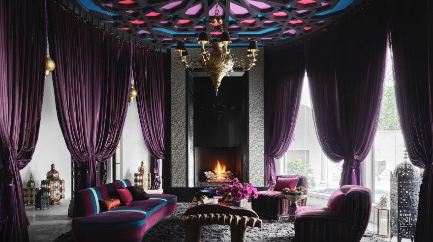 Moroccan-inspired interior with gold leaf ceiling beams, mosaic mirror in venetian plaster — Nicholas Vincent Design, photography by Douglas Friedman