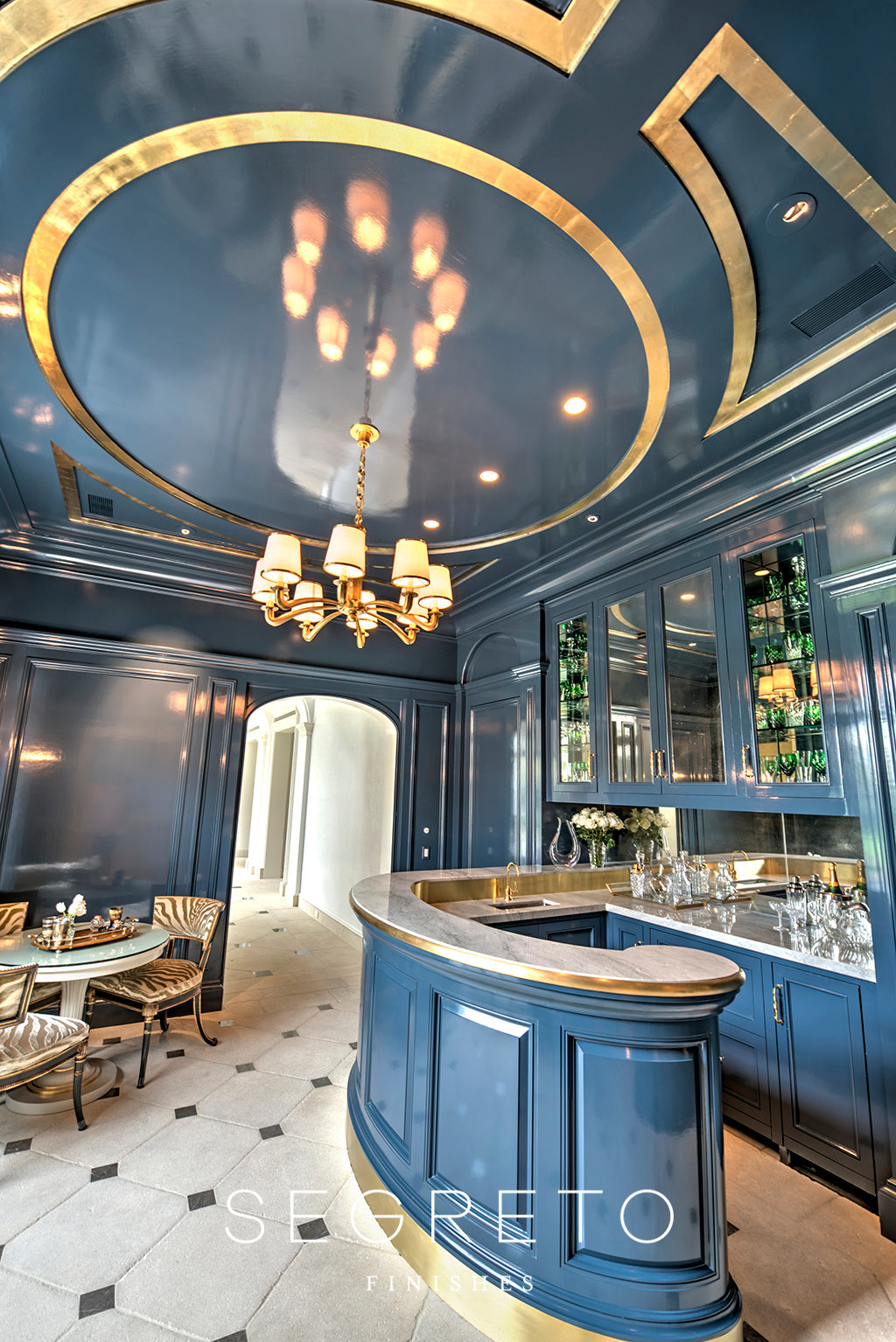 Glamorous interior with bold Segreto decorative finishes and gold accents inspired by Hollywood design