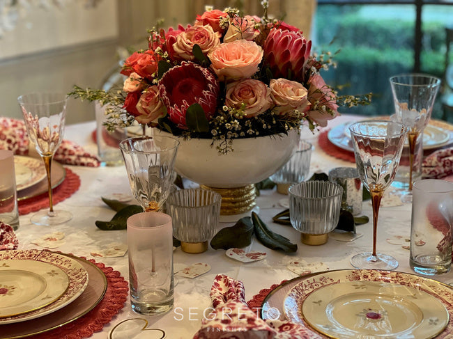 Valentine's Day tablescape with hand-painted DIY linen tablecloth, mixed dishware, and fresh floral centerpiece — Leslie Sinclair