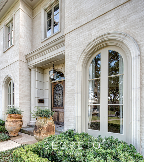 Before and after of brick exterior transformed with Segreto limewash treatment — Leslie Sinclair home and client projects