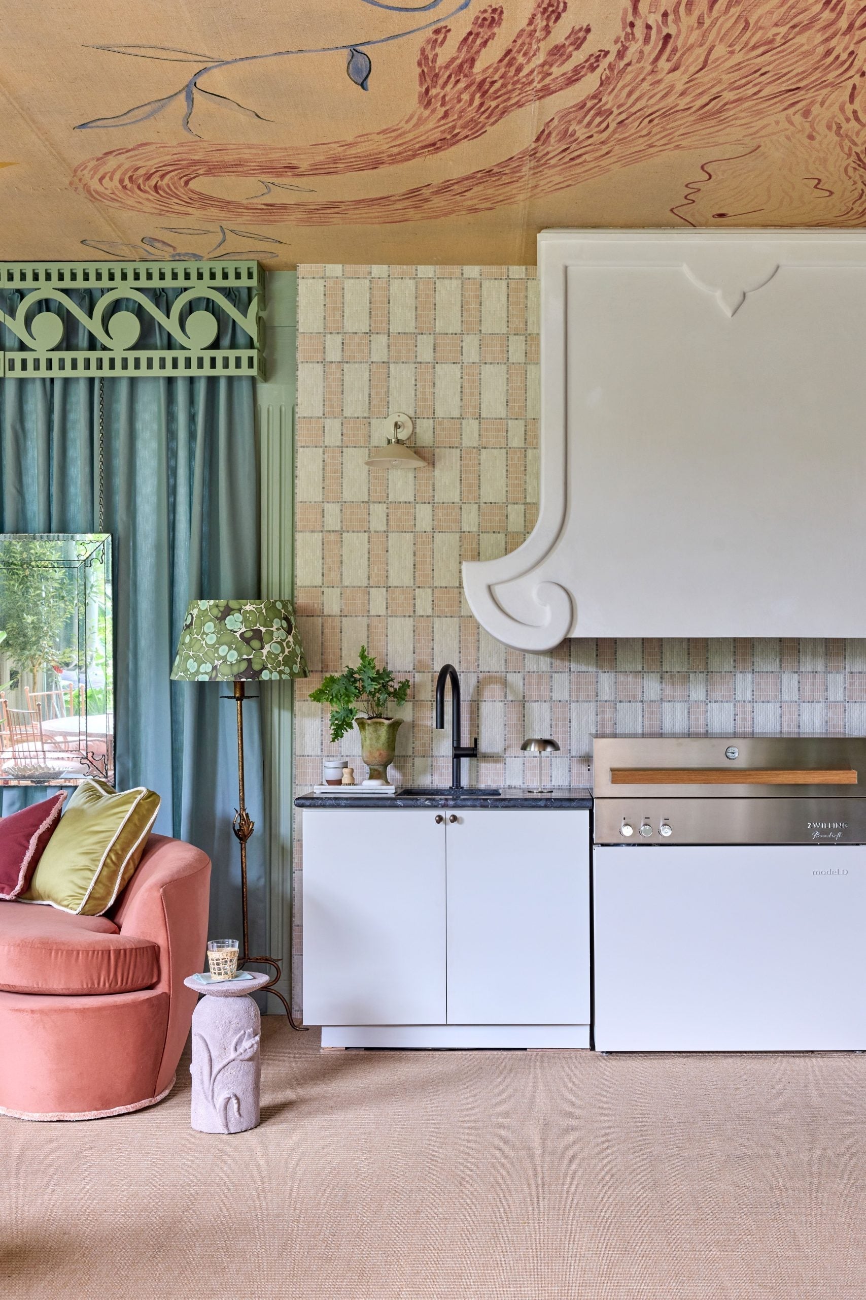 Custom Segreto plaster kitchen hood in Meg Lonergan's Kips Bay Palm Beach outdoor loggia — photography by Nick Sargent