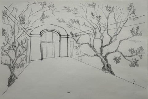 Concept sketch and completed sculptural plaster tree installation by Segreto Finishes