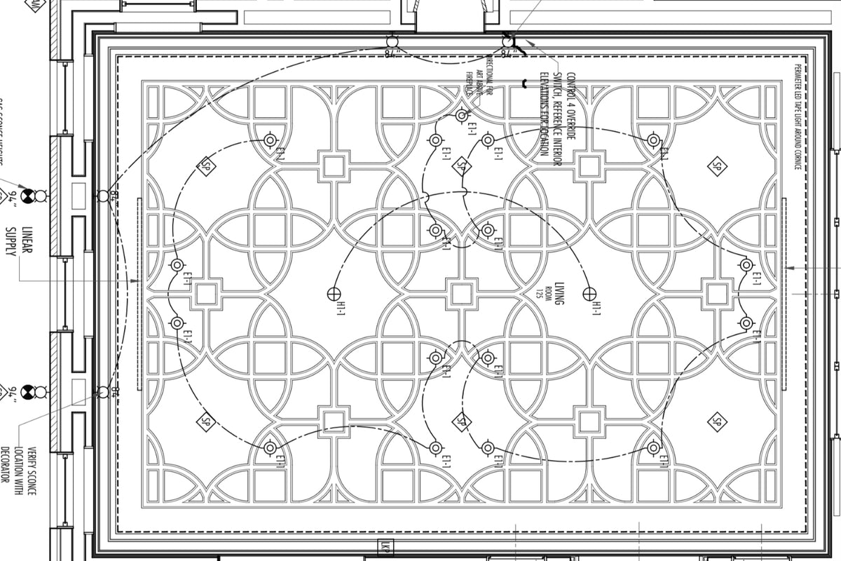 A black and white architectural floor plan or design schematic showing a large decorative geometric pattern with labels, dimensions, and construction notes.
