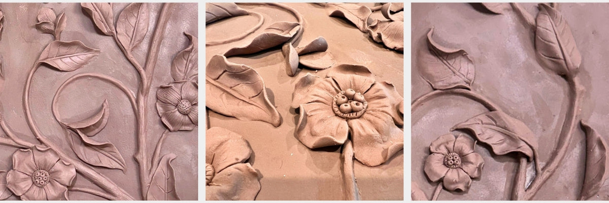 Three close-up panels of a terracotta clay relief sculpture showing detailed floral and leaf patterns.