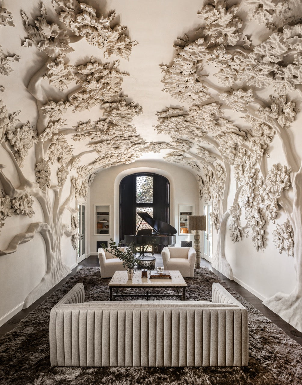 Custom sculptural plaster ceiling installation with integrated lighting by Segreto Finishes, Julie Soefer Photography