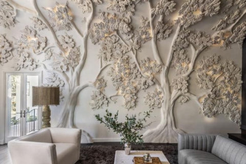 Completed sculptural plaster ceiling installation by Segreto Finishes, photography by Julie Soefer