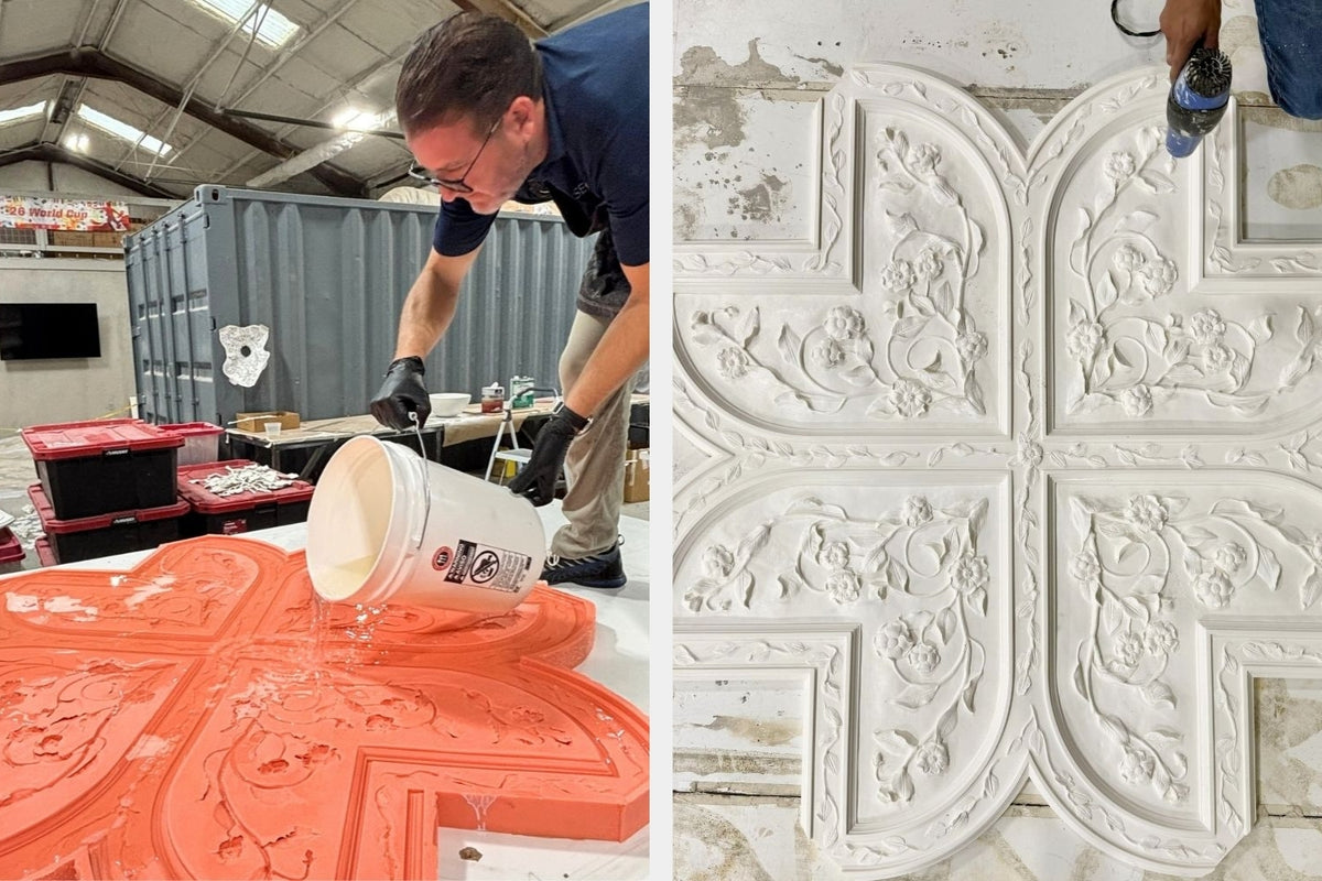 A split-screen collage showing the process of creating decorative ceiling panel. The left panel shows a man pouring resin into a large orange floral-shaped mold inside a workshop.