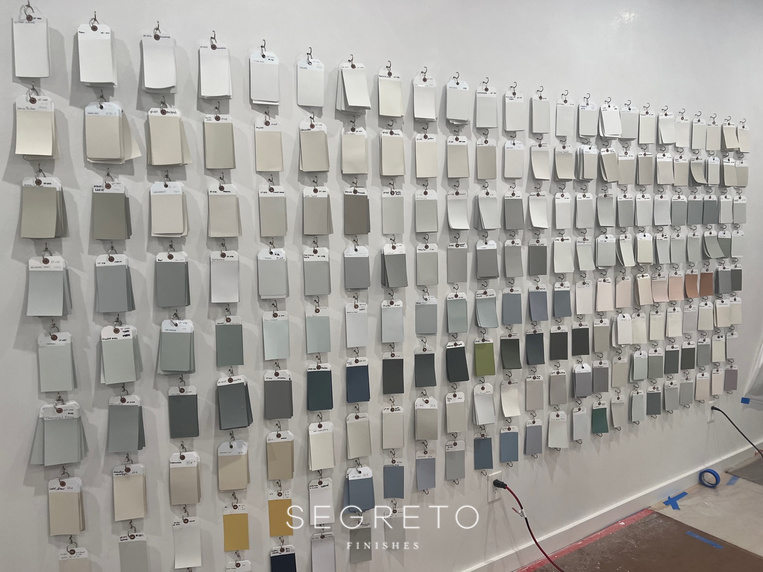 The Segreto Palette paint chips in our new paint room at the showroom.