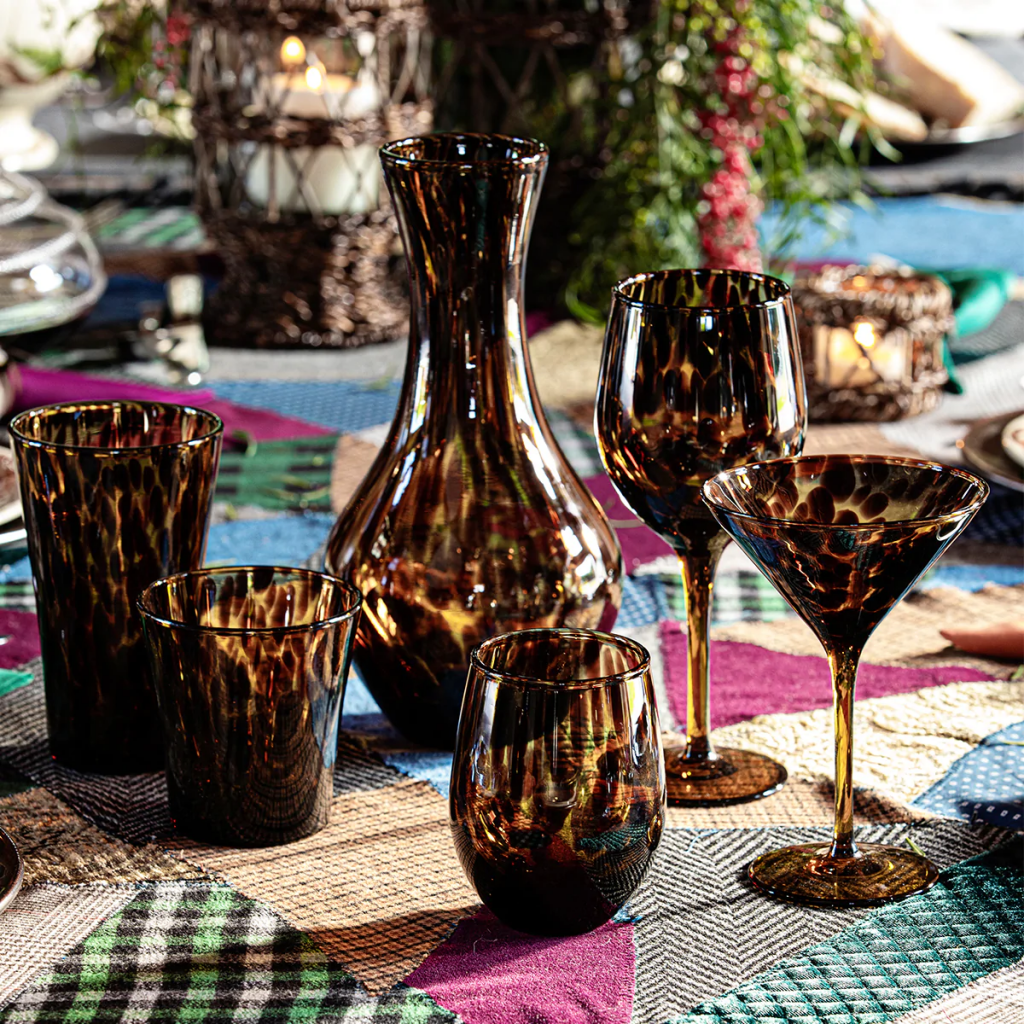 Mix your fall tablescapes Juliska tortoise shell glassware